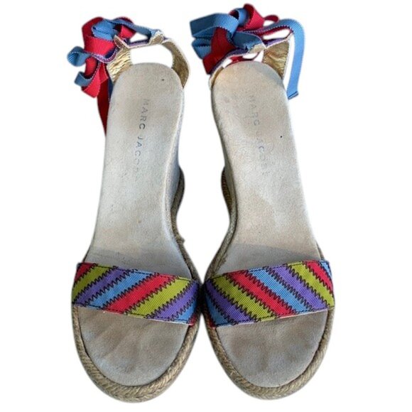 Marc Jacobs Canvas Wedge Sandals Women’s 7 Multi Color Print Straps Summer Shoes - Picture 1 of 15